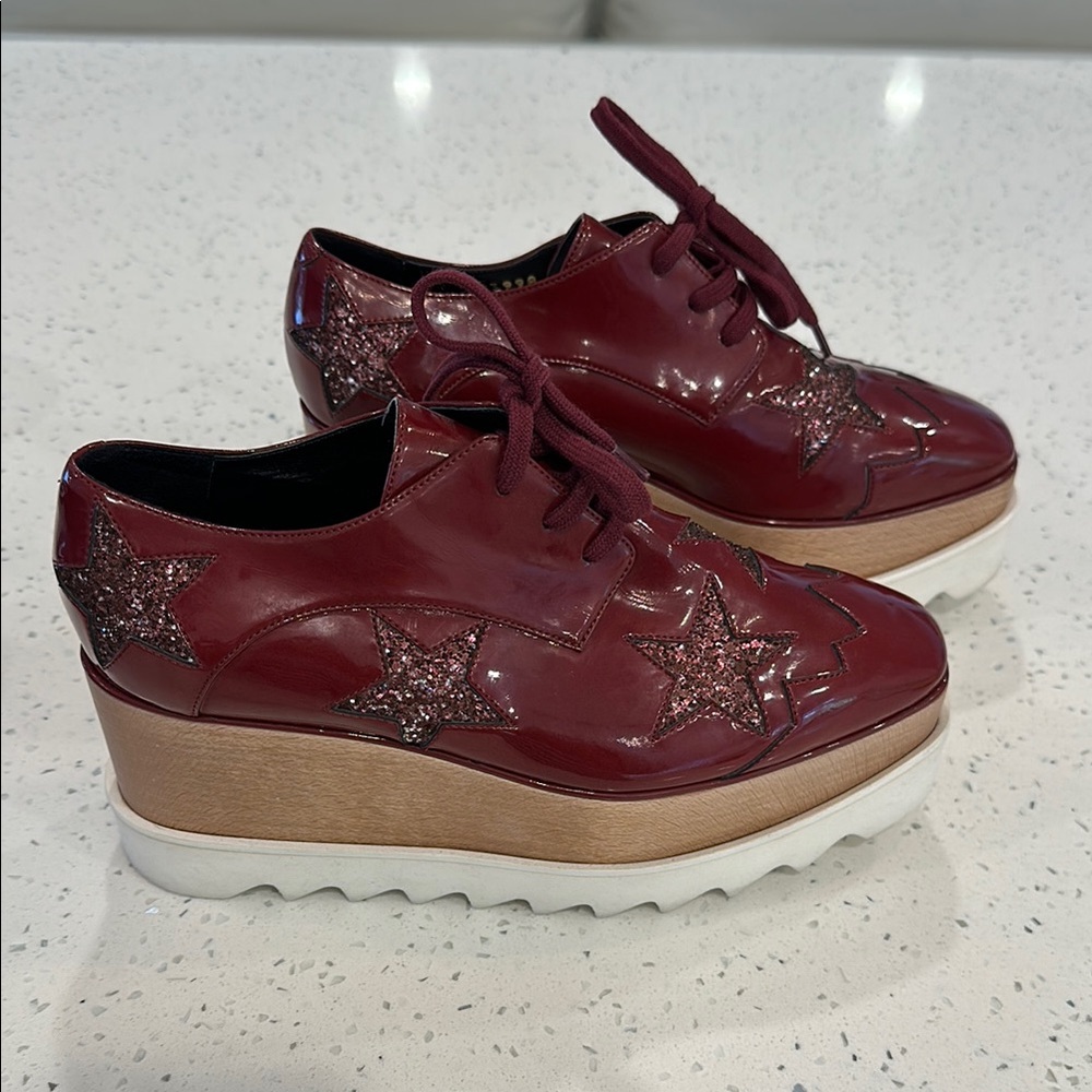 Stella McCartney Patent Leather Colorblock Pattern Wedge Sneakers
